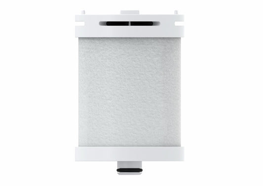 HUVE Flow shower filter replacement cartridge shown upright on a white background