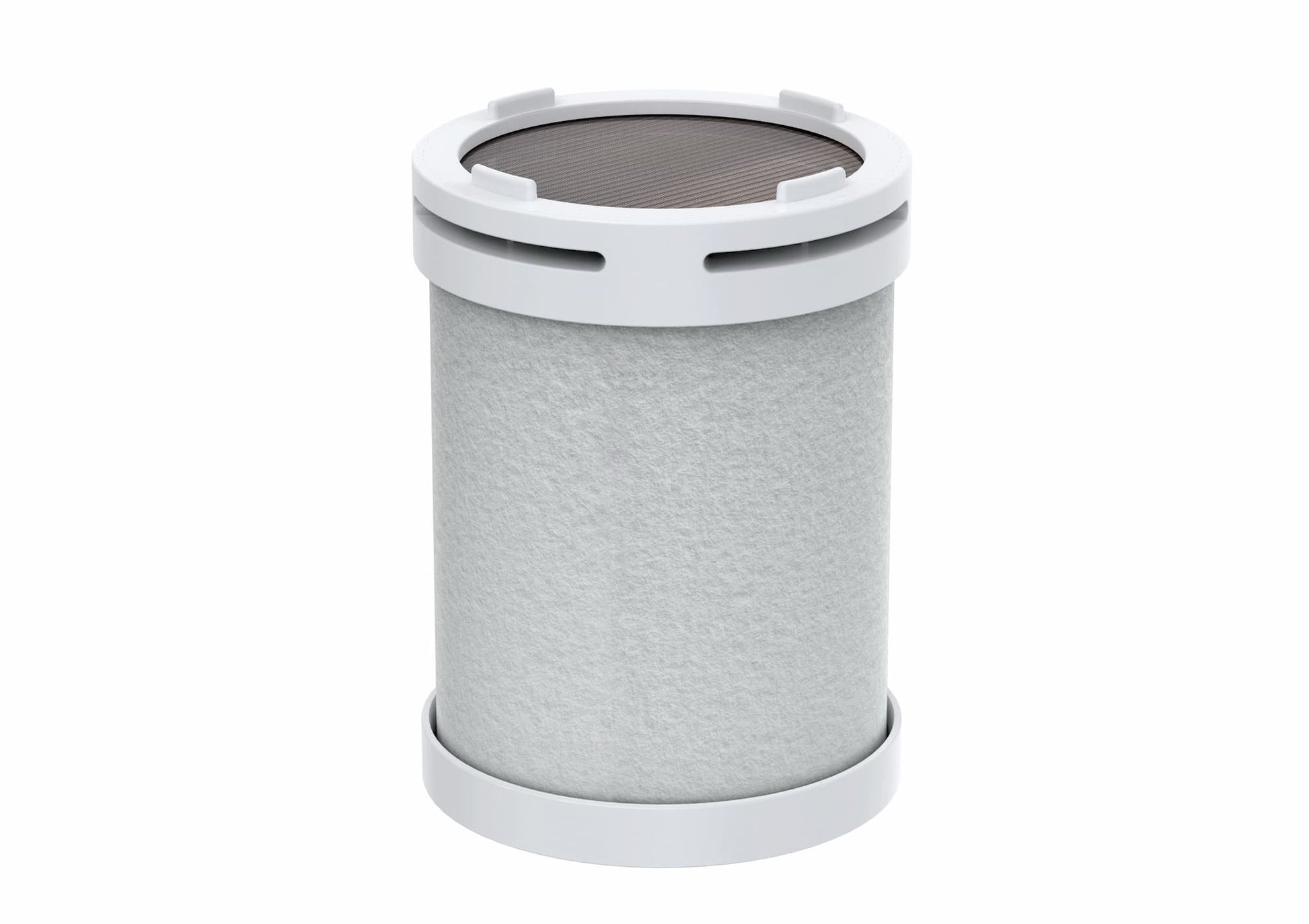 HUVE Flow replacement shower filter cartridge upright, highlighting compact design