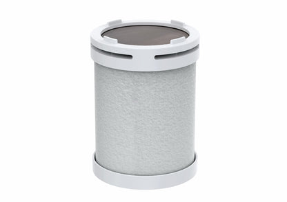 HUVE Flow replacement shower filter cartridge upright, highlighting compact design