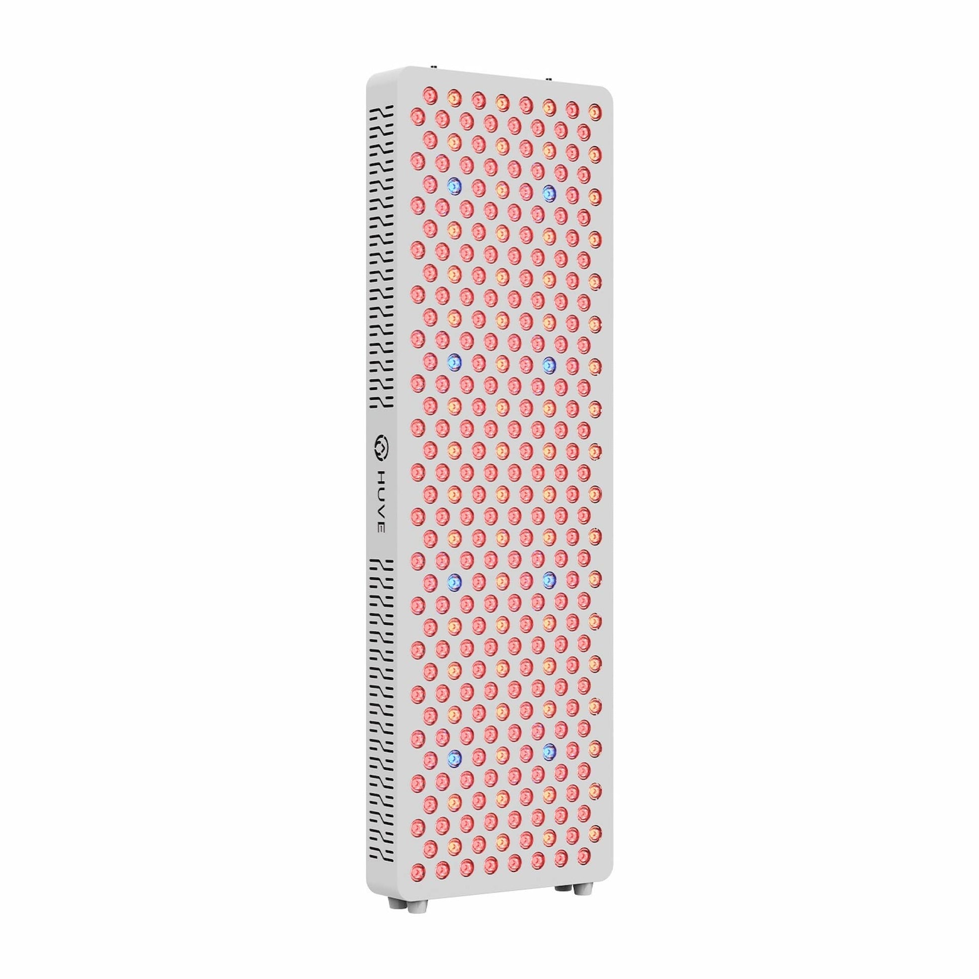 Angled left front view of HUVE Luma Restore Max full-body red light therapy panel in white with illuminated LED wavelengths