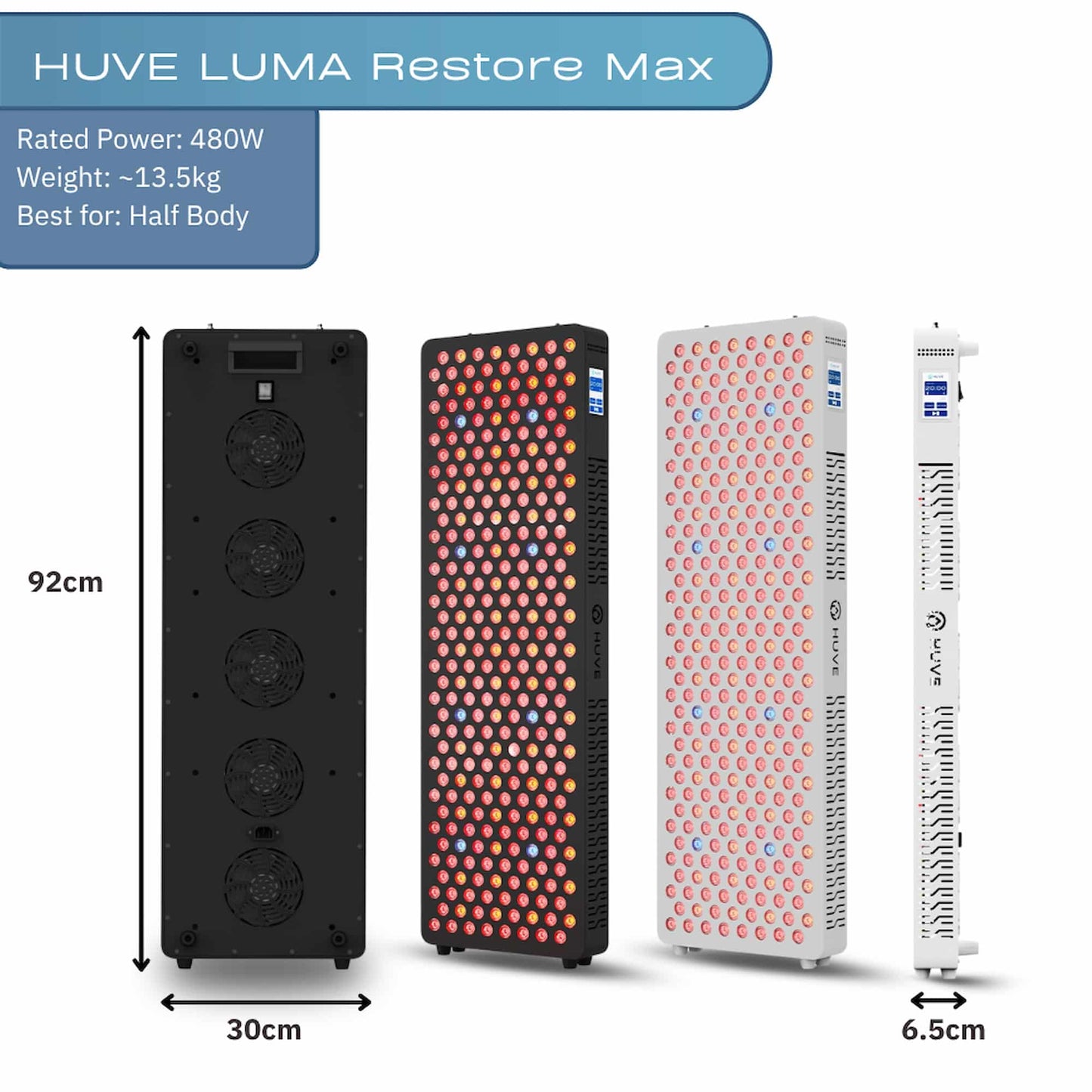 HUVE Luma Restore Max red light therapy panel showing dimensions, power rating, weight, and front, rear, and side views