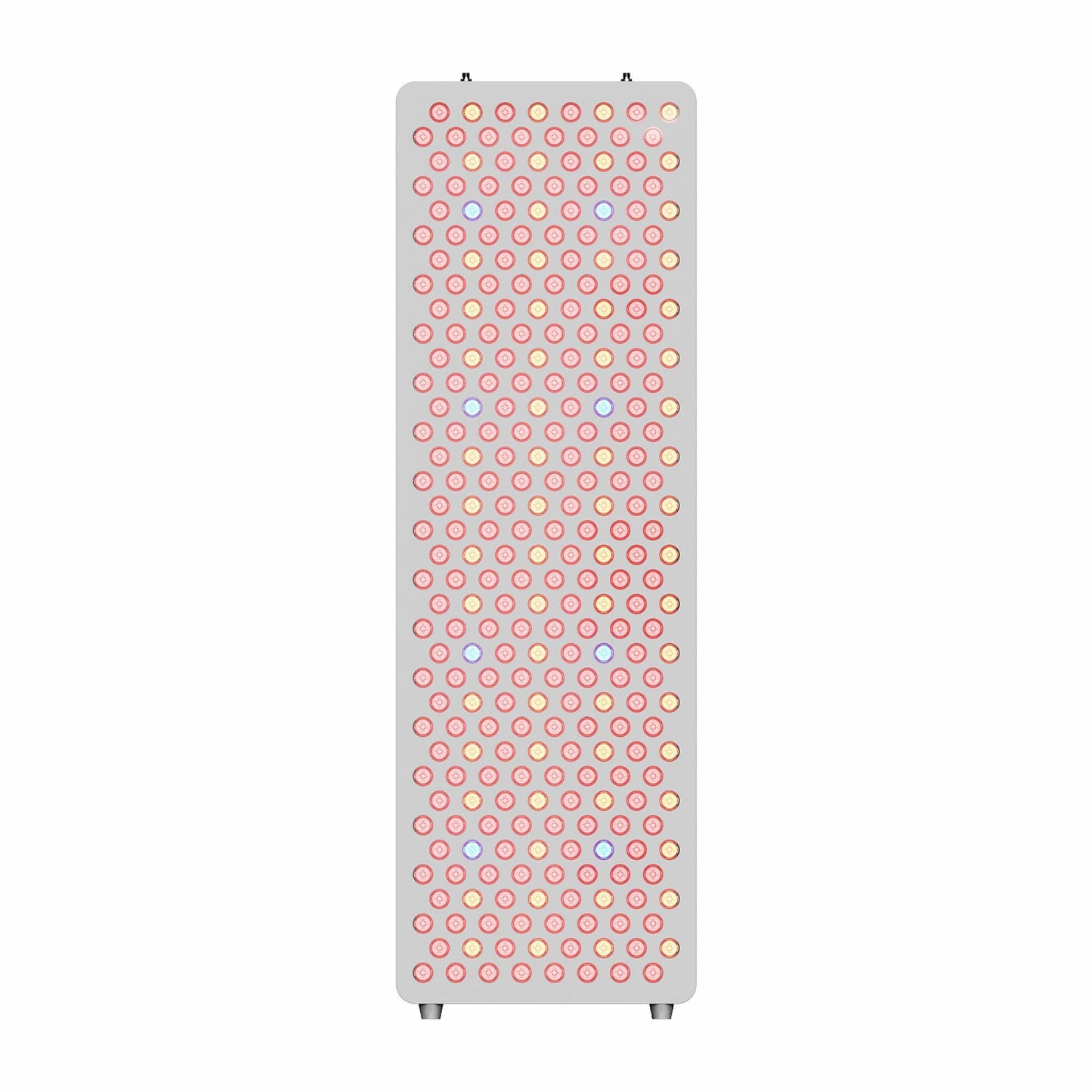 Front view of HUVE Luma Restore Max full-body red light therapy panel in white with illuminated LED wavelengths