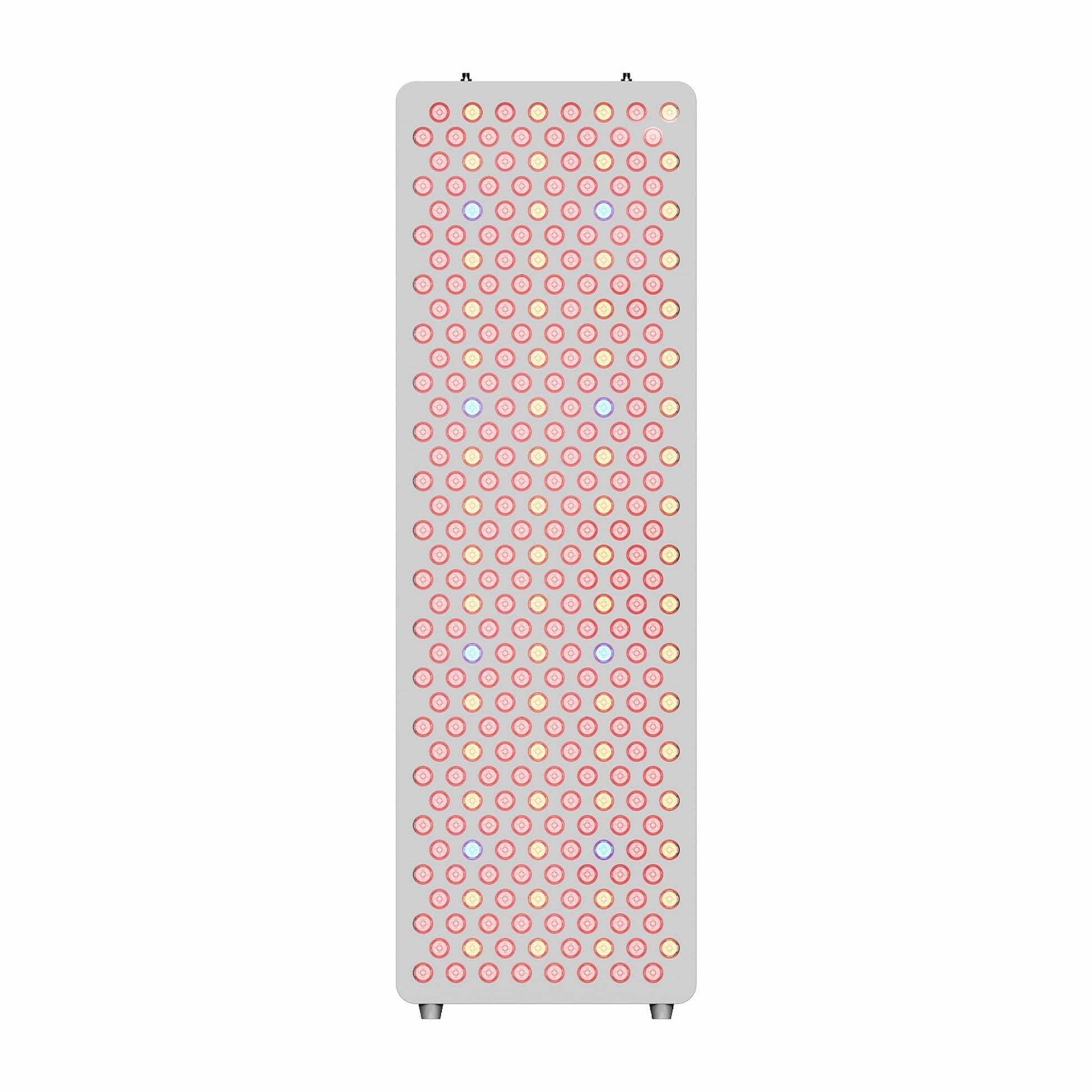 Front view of HUVE Luma Restore Max full-body red light therapy panel in white with illuminated LED wavelengths