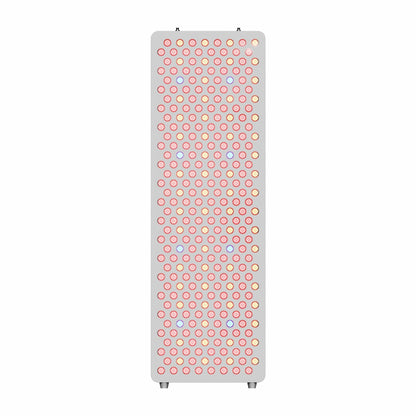 Front view of HUVE Luma Restore Max full-body red light therapy panel in white with illuminated LED wavelengths