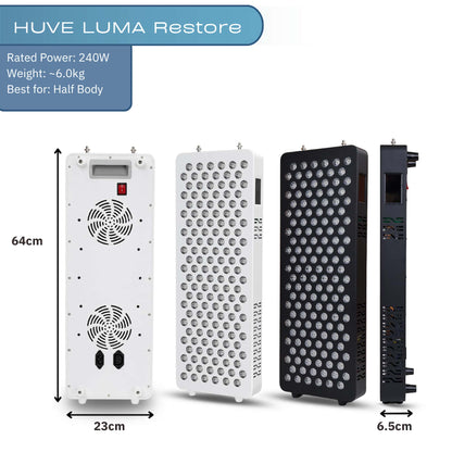HUVE Luma Restore red light therapy panel showing dimensions, rear cooling fans, front LED arrays in white and black