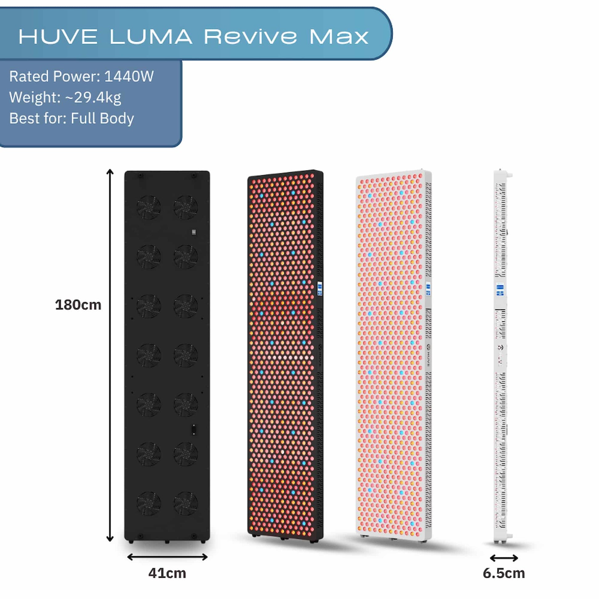 HUVE Luma Revive Max full-body red light therapy panel dimensions and specifications