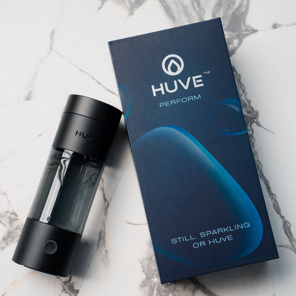 HUVE Perform hydrogen water bottle in black with packaging box
