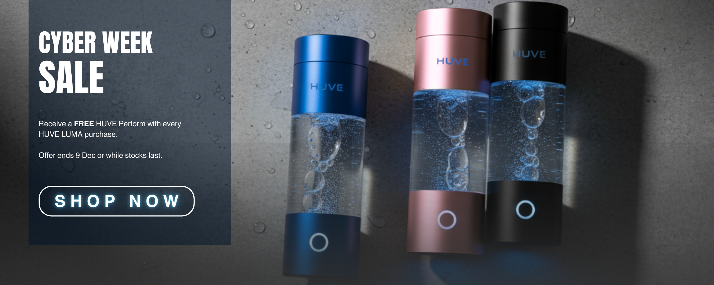 Three HUVE water bottles with a Cyber Week sale banner on the left.