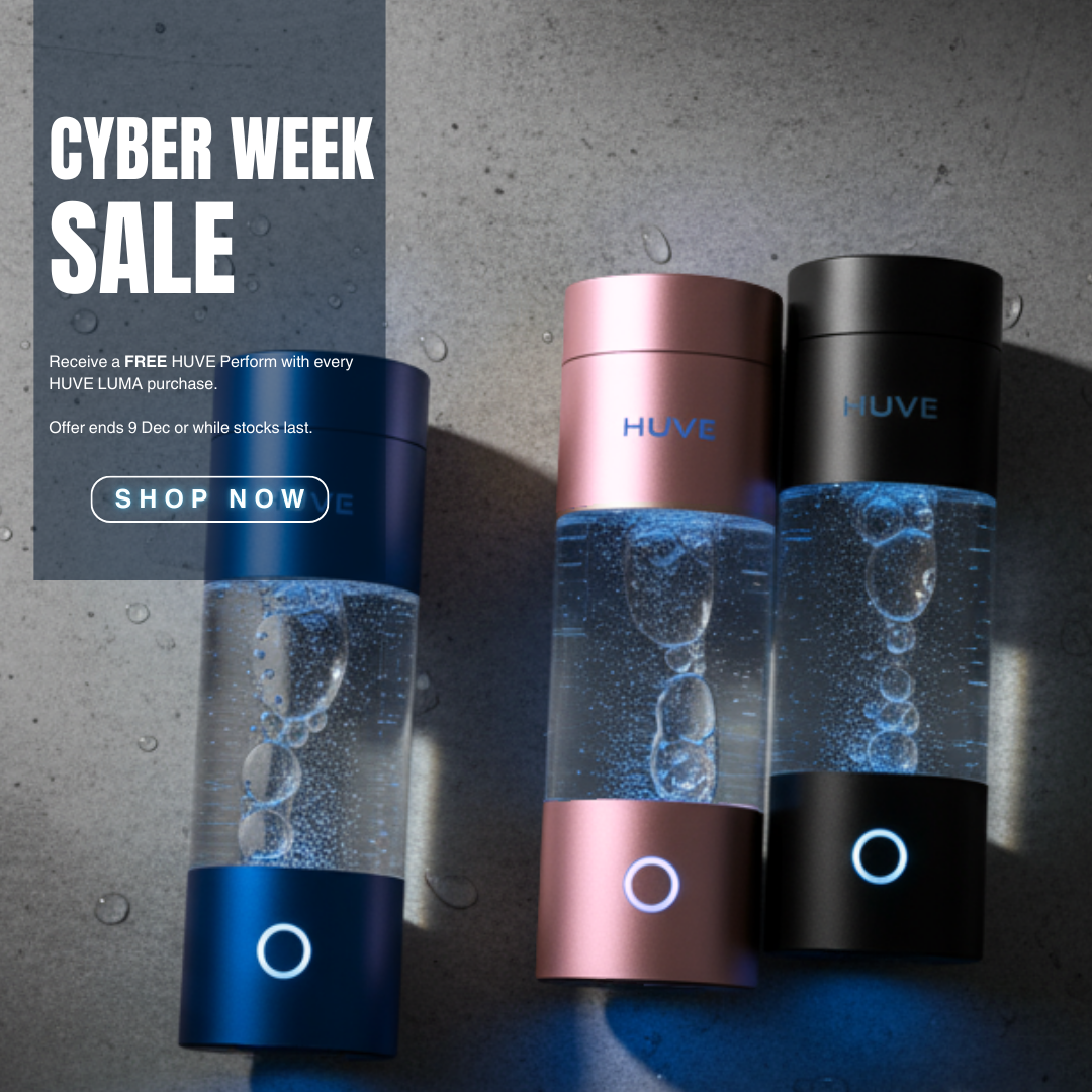 Three HUVE water bottles with a Cyber Week sale banner on the left.