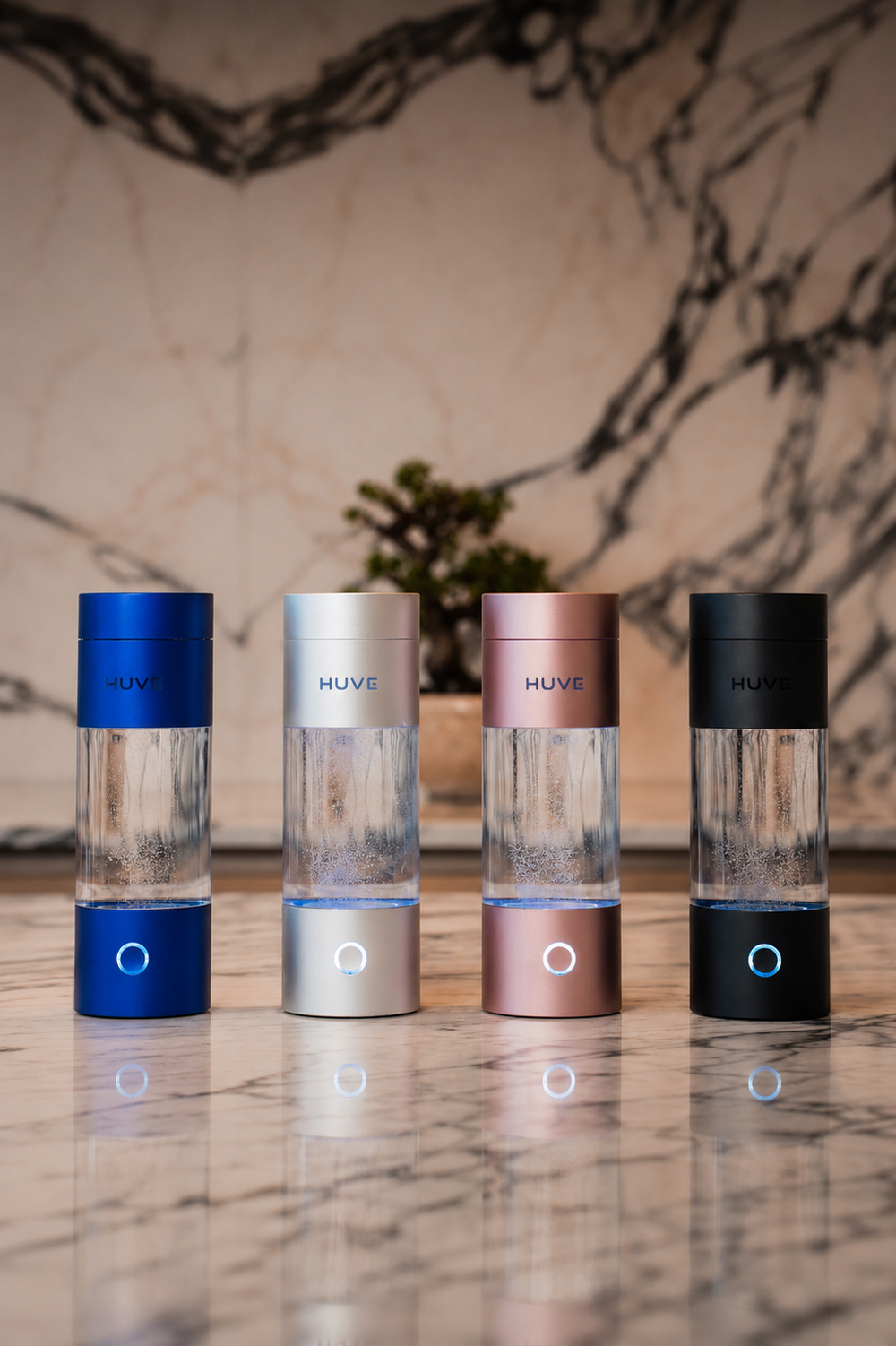 Four HUVE Perform hydrogen water bottles in different colors