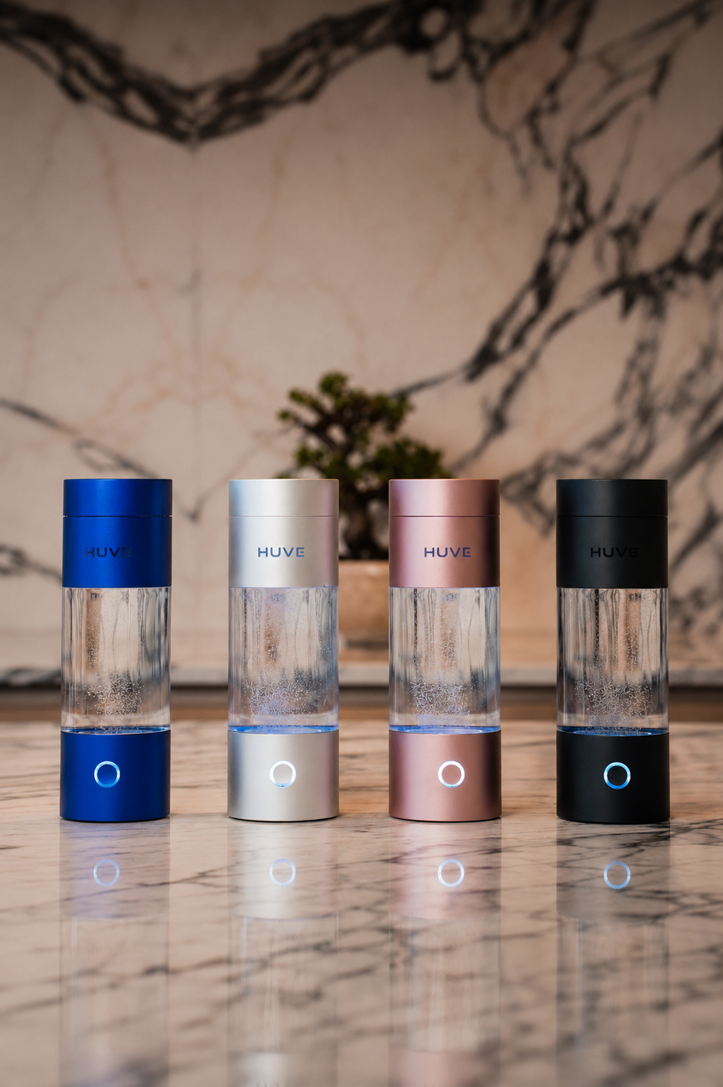 Four HUVE Perform hydrogen water bottles in different colors