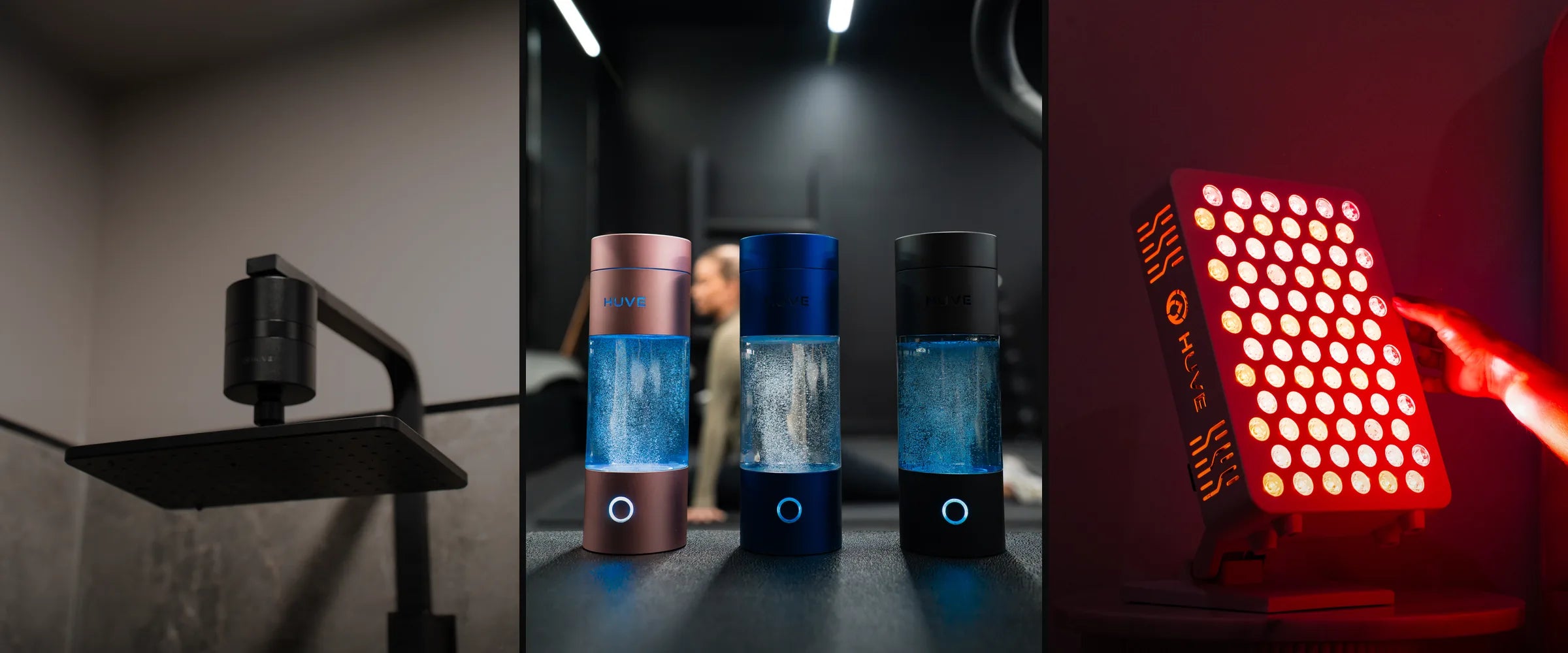 HUVE Flow shower filter, hydrogen water bottles and Luma red light therapy panel