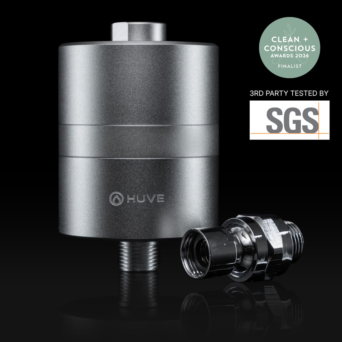 HUVE Flow shower filter with 'Clean + Conscious Awards 2026 Finalist' badge and an SGS '3rd Party Tested' logo