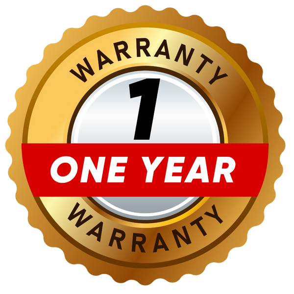 one year warranty badge with gold border and red banner