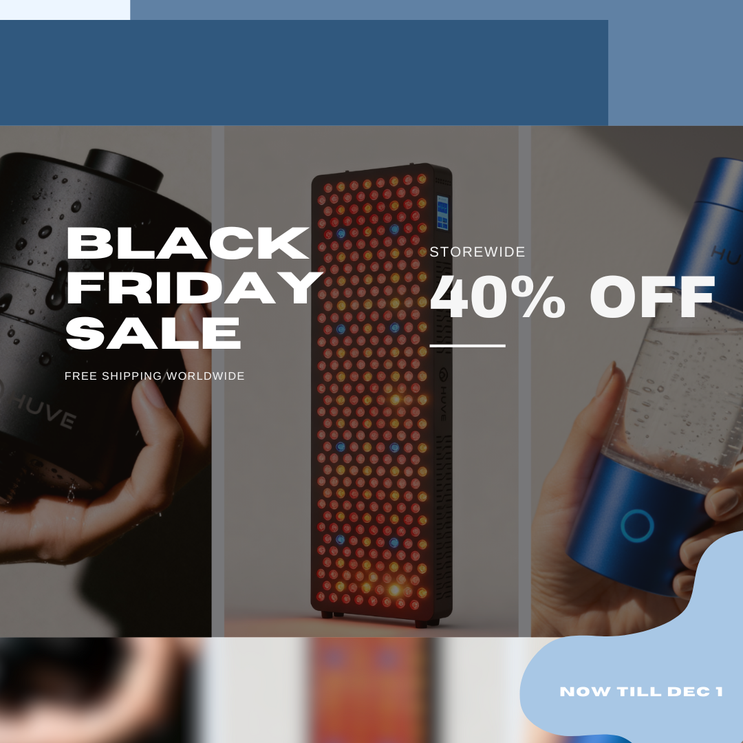 Black Friday sale advertisement with a hand holding huve flow shower filter and huve perform hydrgogen bottle and a huve luma red light panel